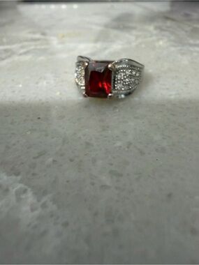 Costume Jewelry Ring with Deep Red Emerald-Cut Center Stone